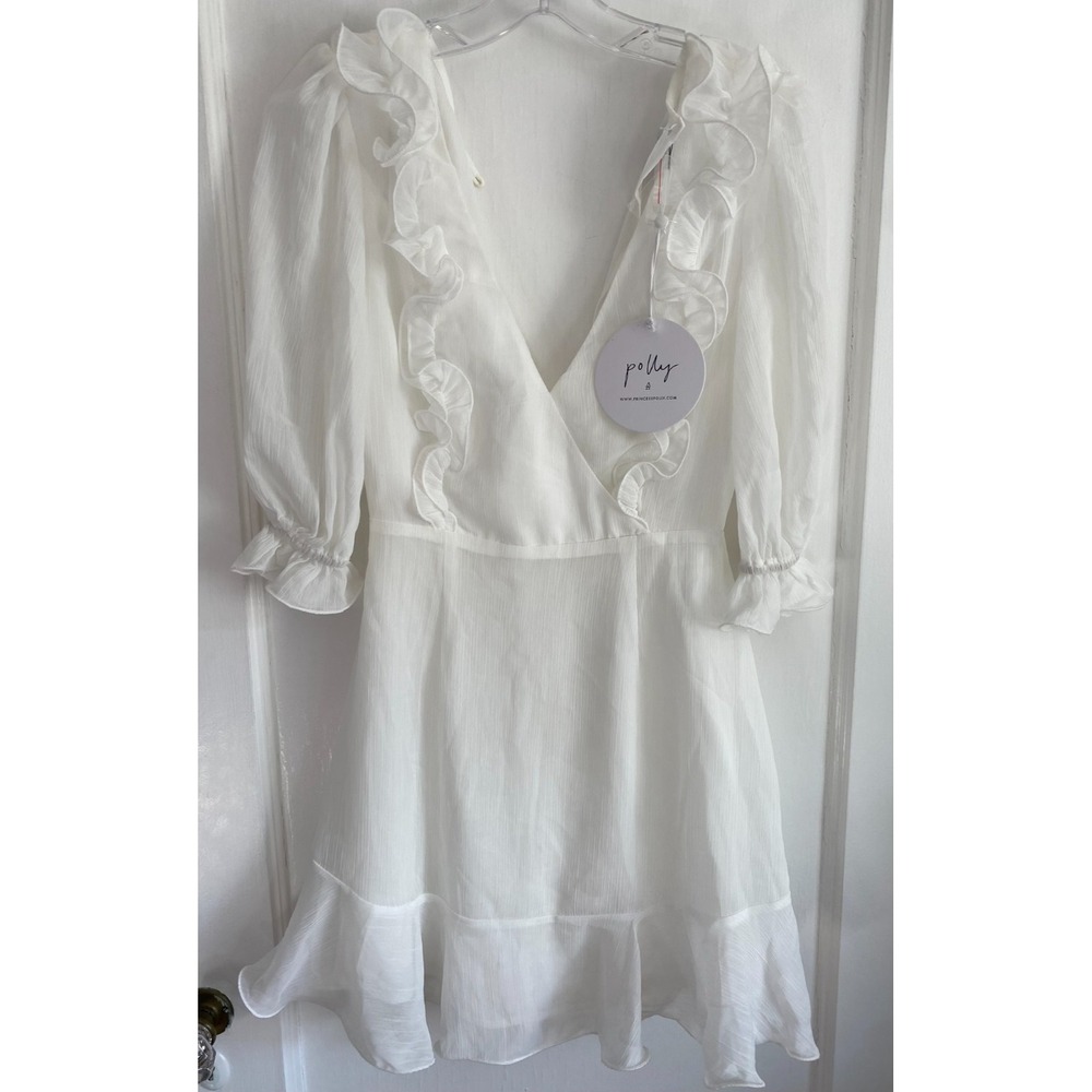 Princess Polly Mimi Mini Dress White Ruffle V-Neck Faux Wrap Size US 2 Flaw